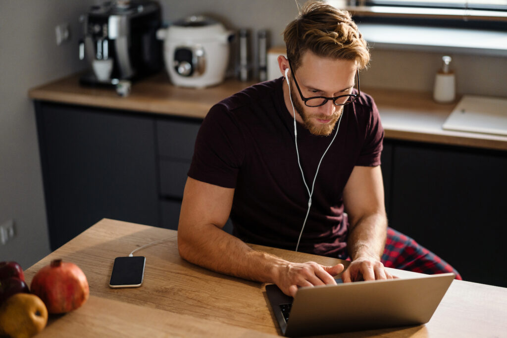 Young man working remotely focus hr