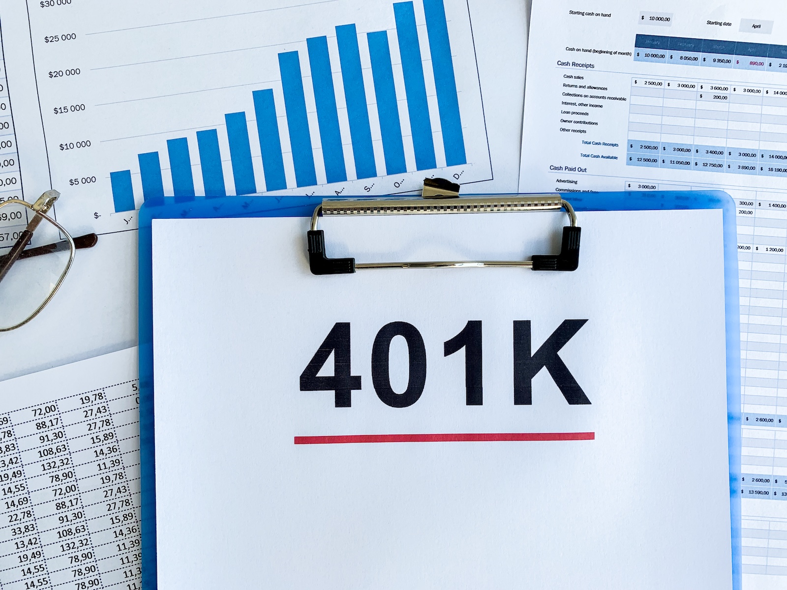 Paper with 401k plan on wood table